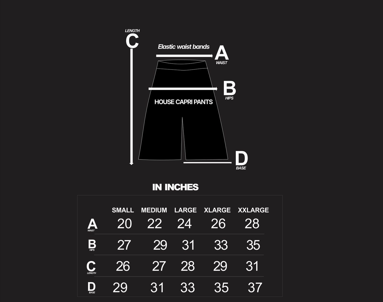 House Capri Pants size chart