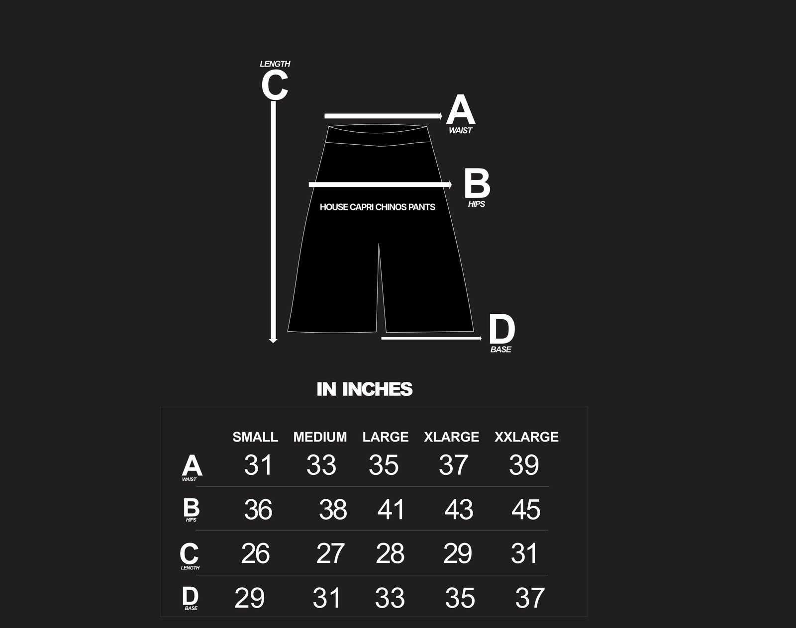House Classic Chinos size chart