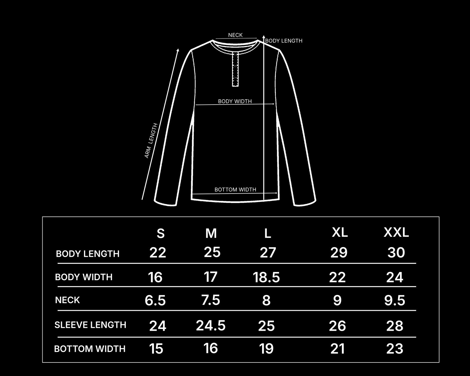 Henley Long Sleeve size chart