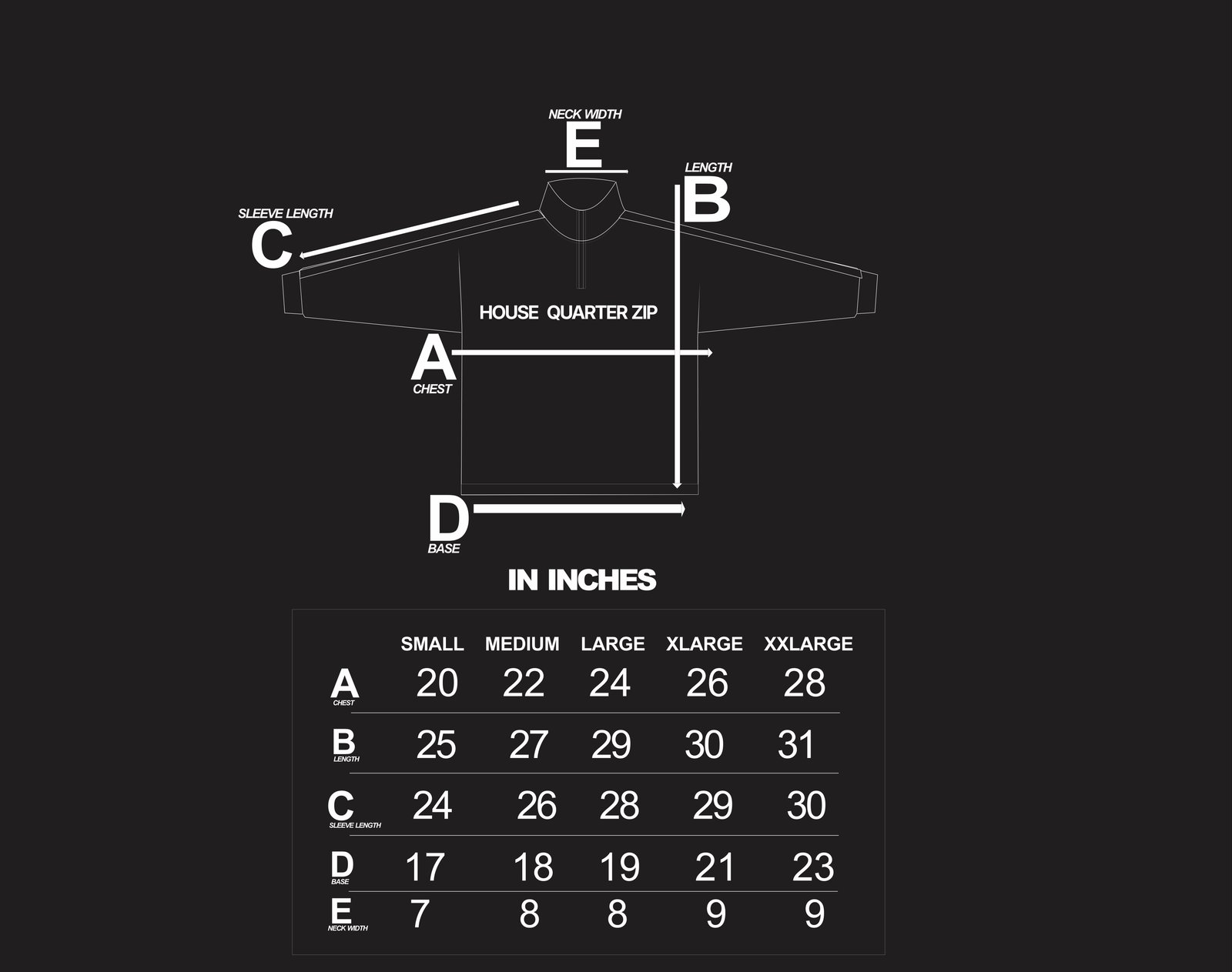 House Quarter Zip size chart